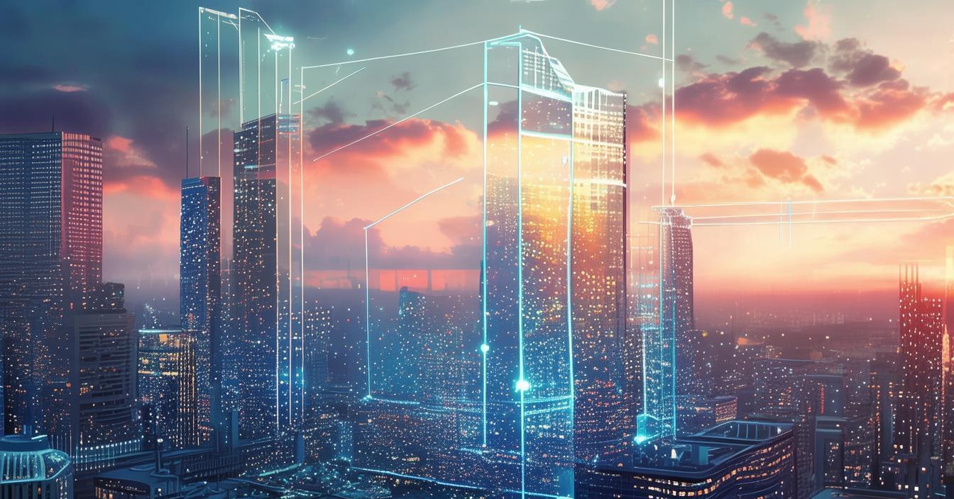 Financial skyline with data security shield, tech illustration