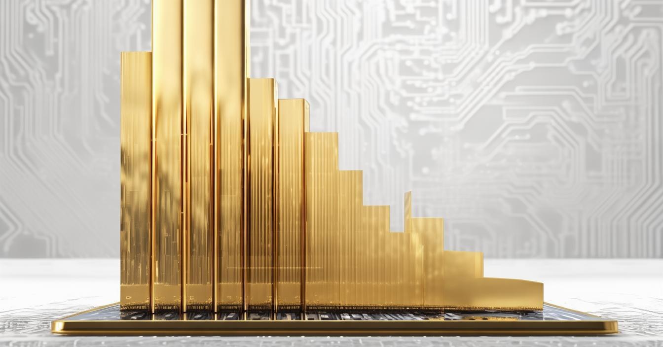Rising bar charts with AI chip wafers, tech illustration