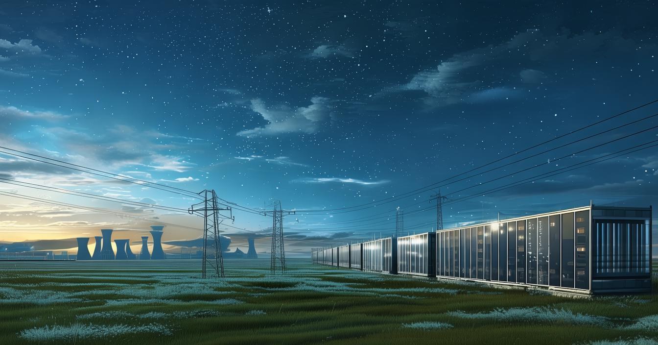 中亚草原上模块化数据中心与输电线路的概念插画