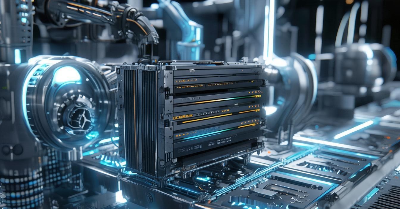 Modular container data center on a factory assembly line, tech illustration