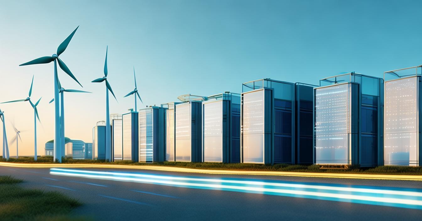 Blue-gold tech illustration of wind turbines and data-center campus