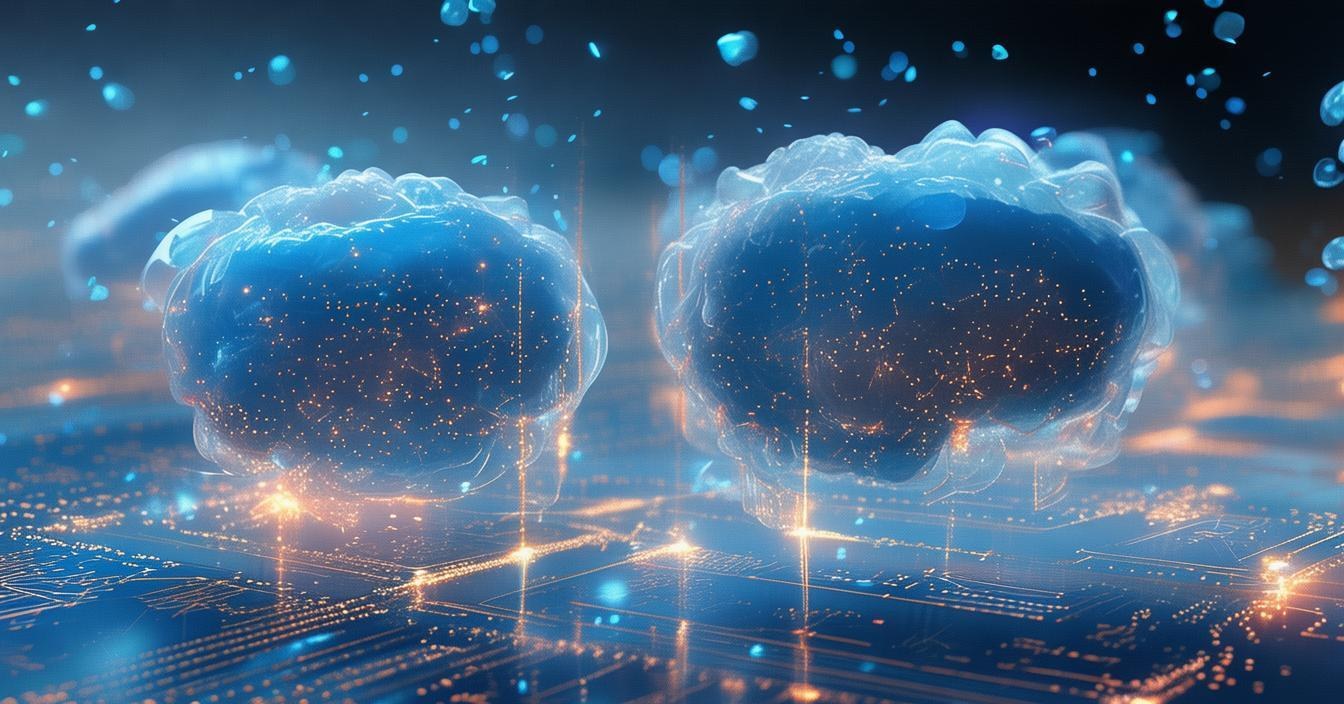 Abstract illustration of glowing model nodes linked to cloud platforms
